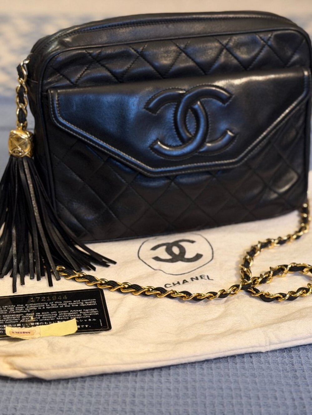 Vintage Chanel Camera Bag Black Lambskin Gold Tassel 1989-91 Card Dust Bag